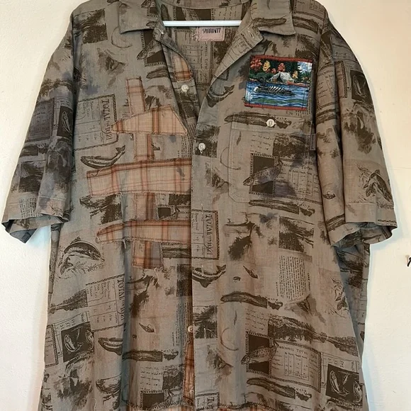Upcycled patched over dyed fringe back sportsmen’s fish print plaid duster shirt